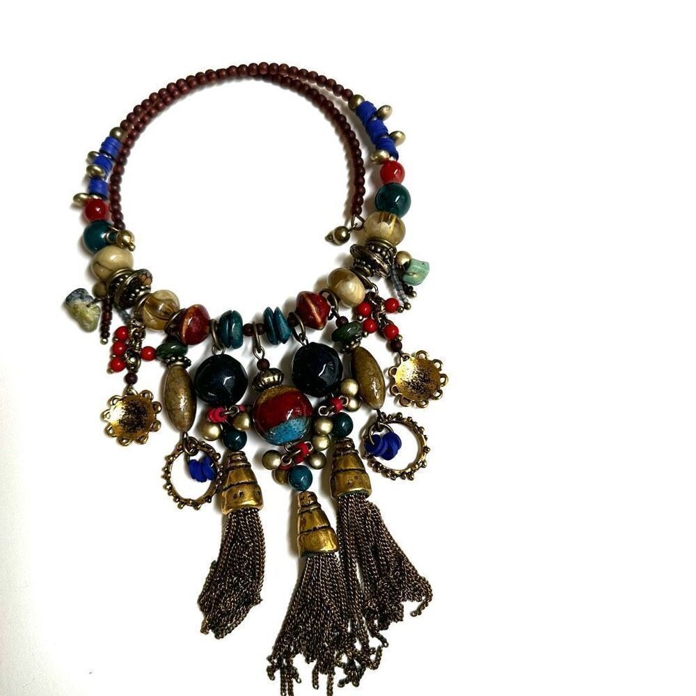 Vintage Treska wrap around beaded chain tassel choker necklace - Picture 2 of 11